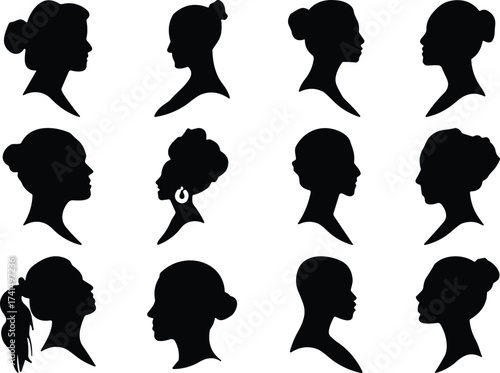 Female silhouette profile collection, diverse hairstyles, afro, bun, ponytail, short hair, black woman, head shape, diversity, beauty, fashion