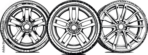 Car Wheel Rim Silhouette Vector Featuring Three Distinct Designs with Five, Six, and Multi-Spoke Styles in Line Art Style