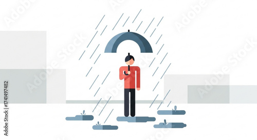 Flat vector illustration of a person with umbrella in rain, depicting weather, protection, and urban scene with a modern design