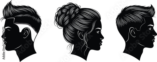Silhouette hairstyle profile, modern male haircut, elegant bun woman, classic hair design, black and white portrait, fashion hair illustration