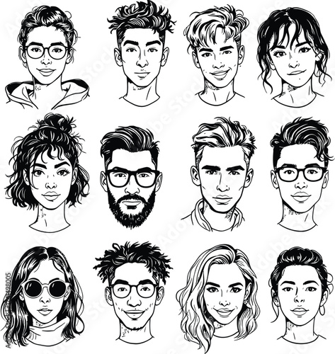 Portrait Grid Silhouette Vector Featuring Twelve Diverse Hand-Drawn Faces with Unique Hairstyles, Glasses, and Expressions