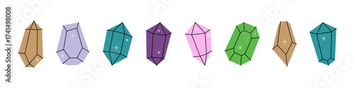 Colorful glass crystals. Gems of different shapes. Gemstones, amethyst, ruby, sapphire, emerald, topaz and quartz. Vector illustration