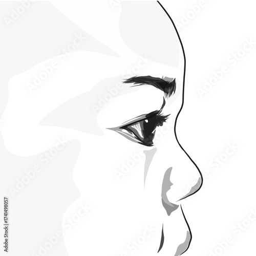 super close up portrait of baby boy's face from the side with white background