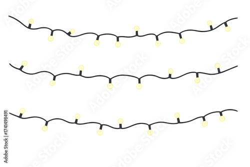 Christmas light garlands vector set. Festive holiday decoration. Glowing lights string isolated on transparent background. New Year party celebration border element illustration.