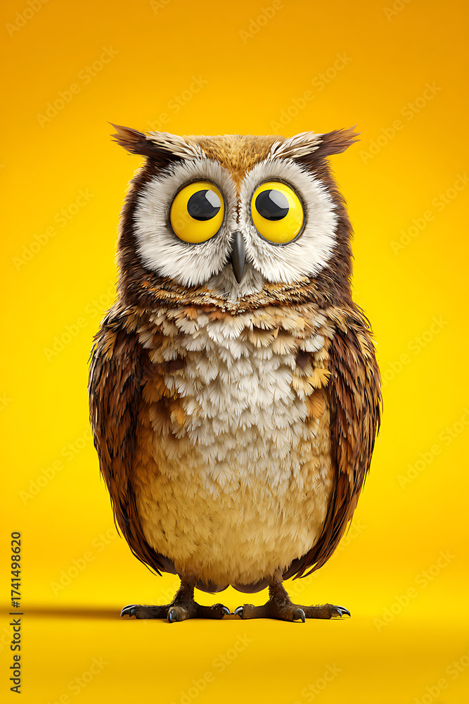 Obraz premium A vibrant, cartoon-style owl with large yellow eyes standing against a bright yellow backdrop