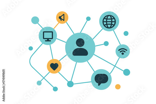 Social media network communication concept. Abstract background with integrated circles and icons for digital, internet, connect, technology, global web, marketing, community.
