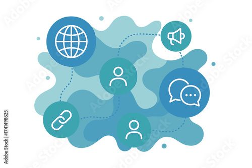 Social media connection concept. Digital communication and internet technology. Global network with icons for marketing, community, connect, chat. Abstract vector background.