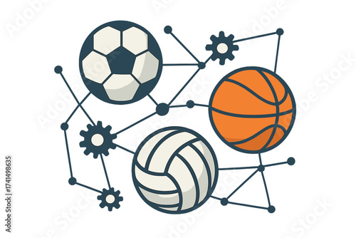 Sport mechanism concept. Football, basketball, and volleyball connection. Abstract background with network and gears. Vector illustration for teamwork, strategy, game analysis.