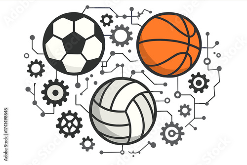 Sports technology concept with football, basketball, and volleyball. Game mechanics and analytics infographic. Abstract vector illustration of a sports system with connected balls and gears.