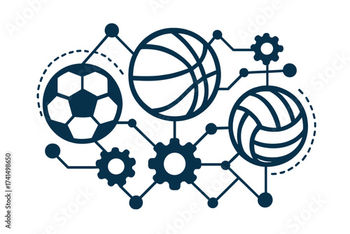 Sports mechanism concept. Football, basketball, volleyball balls. Team game strategy. Interconnected network system with gears. Teamwork metaphor. Abstract vector illustration.