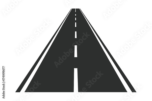 Straight road in perspective with white markings disappearing into the horizon. Highway path concept for journey, travel, or business success. Vector illustration on a transparent background.