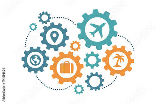 Travel mechanism concept. Abstract background with connected gears and integrated flat icons. Tourism logistics, vacation planning, trip process vector illustration.