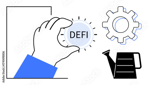 Hand holding DeFi sphere with radiating lines, next to gear icon and watering can. Ideal for blockchain, finance, growth, innovation, technology, strategy decentralized ideas. Minimal flat metaphor