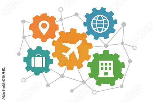 Travel mechanism abstract vector background. Infographic with connected gears and flat icons. Concept for tourism, journey planning, global logistics, flight and hotel booking.