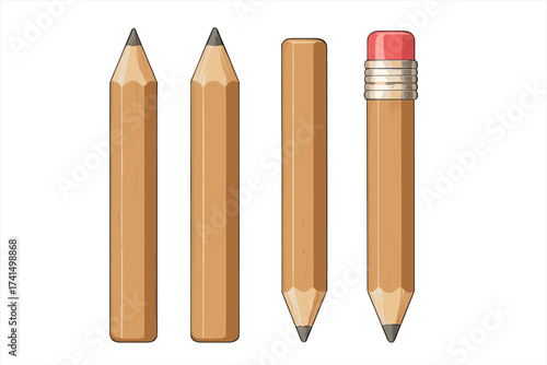Wooden pencil vector set, isolated illustration. Classic graphite pencils, sharpened, unsharpened, with eraser. School and office supplies for education, writing, drawing.