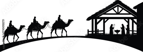 Nativity silhouette, Christmas illustration, holy family, baby Jesus, Three Wise Men, religious scene, animals, black and white, manger, Bethlehem, worship, donkey, sheep, stable, Chr