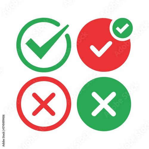Vector illustration Green checkmarks and red crosses in circles on white background