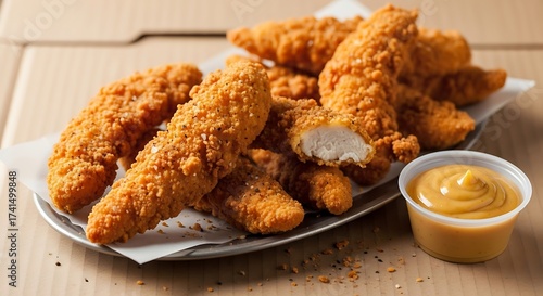 Tempting Chicken Tenders Platter on Cardboard Takeout Container. Crispy Fried Fast Food, Delivery & Restaurant Menu Item.

