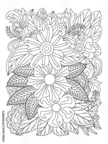 Coloring flower page adults flower book Print Coloring page for the adult book. Doodle floral drawing. Art therapy coloring page. Black and white flower pattern for adult .