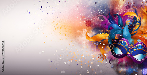 abstract background with circles, A colorful and intricate carnival mask with vibrant feathers and glowing patterns set against a dark abstract background
