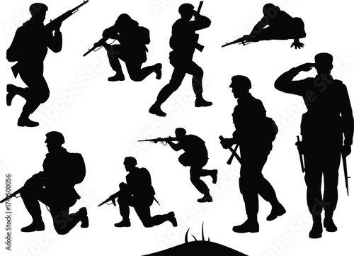 Soldier silhouettes, military poses, tactical stances, rifle action, combat readiness, army figures, war concept, defense posture, battlefield movement, armed forces, black silhouettes, m