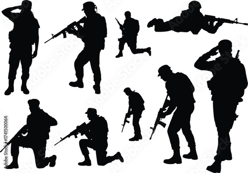 Soldier silhouettes, military poses, tactical stances, rifle action, combat readiness, army figures, war concept, defense posture, battlefield movement, armed forces, black silhouettes, 
