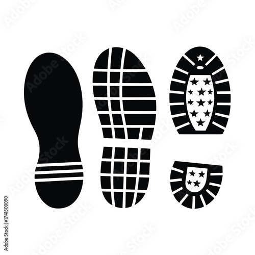 Vector illustration Black shoe sole prints with grid and star patterns footprint