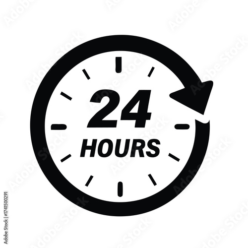 Vector illustration Black 24 hours clock icon with circular arrow twentyfour time