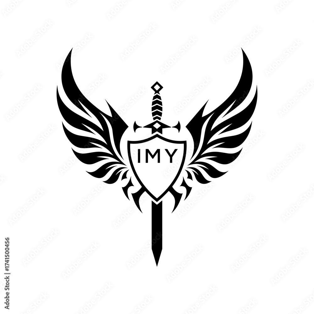 Obraz premium Winged Sword and Shield Logo with IMY Letters, IMY Later Logo, Heraldic Emblem, Black and White Vector Design 