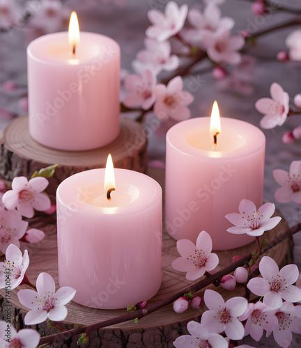Three Lit Pink Pillar Candles with Delicate Pink Cherry Blossoms