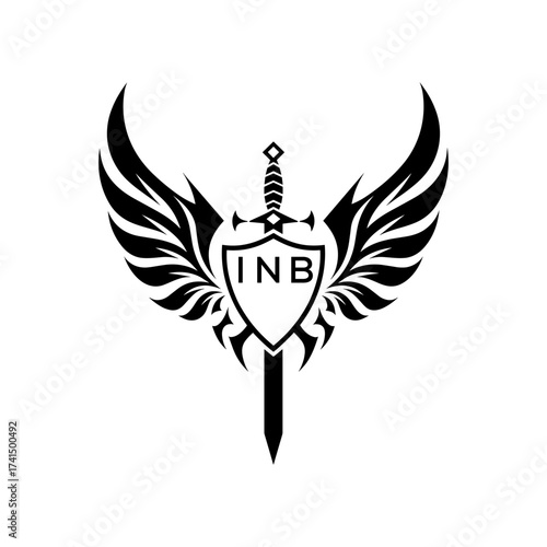 Winged Sword and Shield Logo with INB Letters, INB Later Logo, Heraldic Emblem, Black and White Vector Design

INB logo, emblem, INB heraldic, crest, INB sword, shield, wings, INB warrior, knight, INB