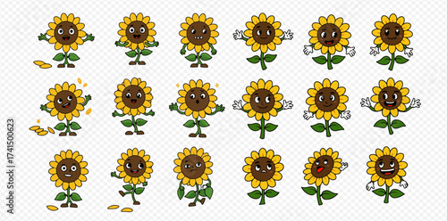 A collection of cute cartoon sunflower characters with various expressions and poses, featuring anthropomorphic designs and vibrant yellow petals.