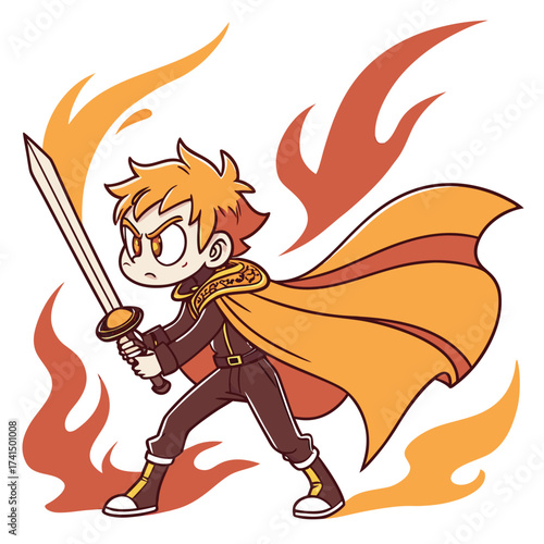 Cartoon warrior with orange hair and cape stands ready with a sword and flame