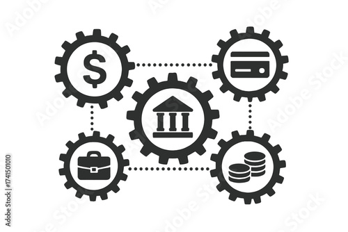 Banking mechanism as an abstract concept. Financial system with connected gears and integrated flat icons. Symbols for money, card, bank, business, and finance. Vector.