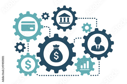 Banking mechanism abstract concept. Connected gears with flat icons for money, card, bank, business, finance. Vector illustration for financial system, economic process, fintech.