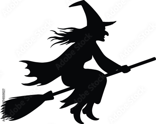 Silhouette of a witch flying on broomstick with pointed hat and cloak for Halloween design isolated on white background