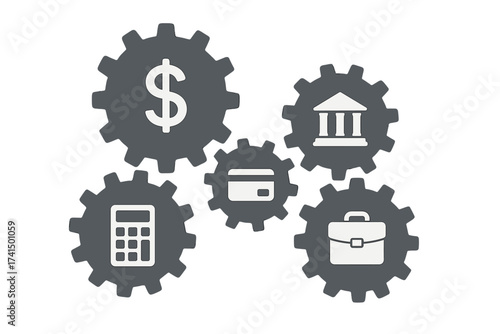 Banking mechanism vector concept. Financial system with connected gears. Abstract illustration with flat icons for money, bank, card, business, economy and finance concepts.