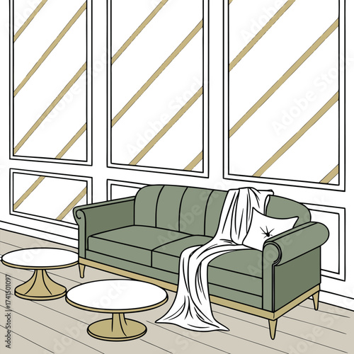 Contemporary drawing reveals an elegant green sofa with decorative wall panels in a stylish space