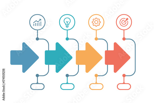 Business process chart with 4 steps. Infographic design template. Workflow or timeline diagram with arrows and icons. From idea to goal concept for business presentation.
