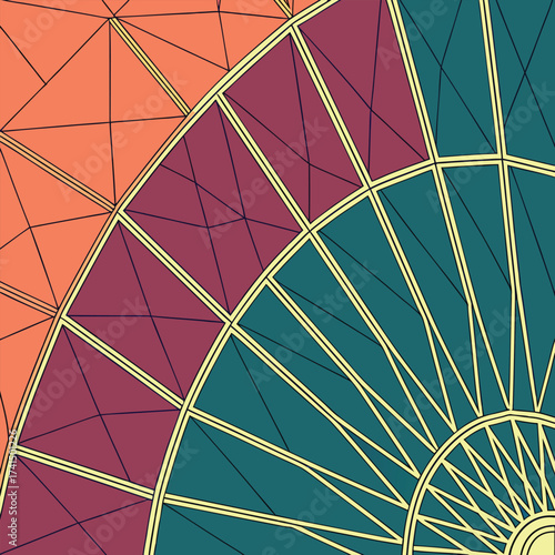 Multicolored abstract pattern exhibits triangular and circular forms using dark lined divisions for a geometric effect