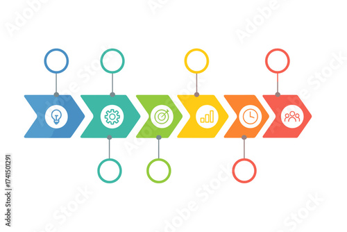 Infographic business data visualization. Process chart with 6 steps. Vector template for presentation. Workflow from idea, processing, goal, analysis, time to teamwork.