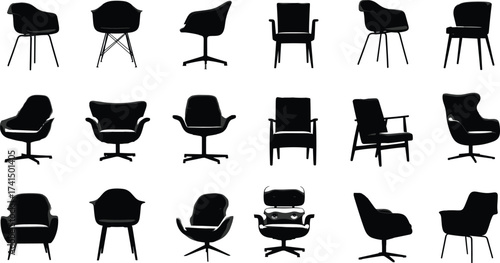 Collection of modern chair silhouettes, black furniture icons, contemporary seating design, office chair, lounge chair, interior decor, minimalist style illustration
