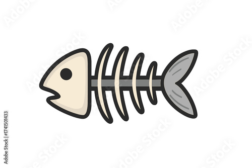 Fish skeleton icon vector illustration. Fishbone symbol for seafood, food waste, or fishing concept. Dead fish bones graphic. Marine animal remains cartoon drawing isolated.