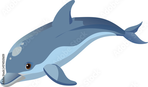 Detailed Vector Illustration of a Blue Dolphin Swimming, Isolated on White Background