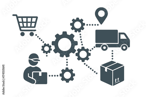 Logistics and supply chain management concept. E-commerce order fulfillment process. Online shopping, from cart to delivery. Shipping automation, distribution network, and tracking.