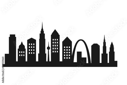 St. Louis city skyline silhouette vector icon. Cityscape with famous Gateway Arch landmark. Urban architecture background. Downtown buildings graphic. Metropolis panoramic view.