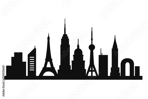 City skyline silhouette vector illustration. Famous international landmarks set. World cities architecture icon collection. Urban cityscape background for global travel concepts.