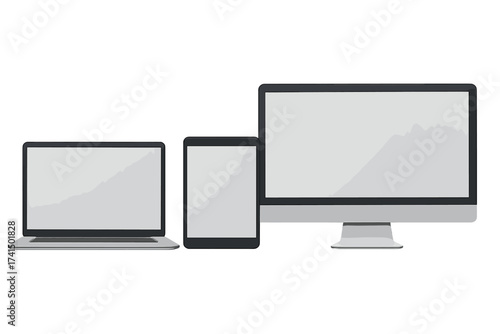 Realistic device mockup. Laptop, tablet, computer monitor with blank screens. Vector set for responsive web design presentation. Isolated gadgets for UI/UX app showcase.