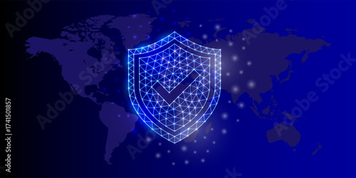 Shield with check mark polygonal horizontal banner. Antivirus low poly symbol with world map background. Internet safety design template illustration.