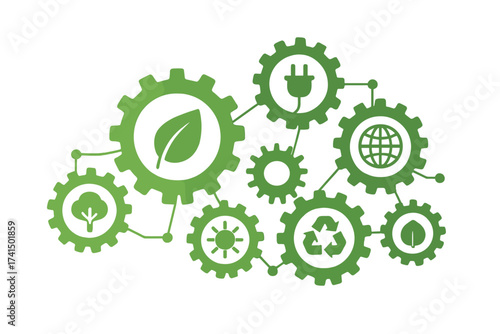 Ecology mechanism concept. Green technology system. Abstract background with connected gears and icons for eco friendly, energy, environment, recycle, bio and global concepts.